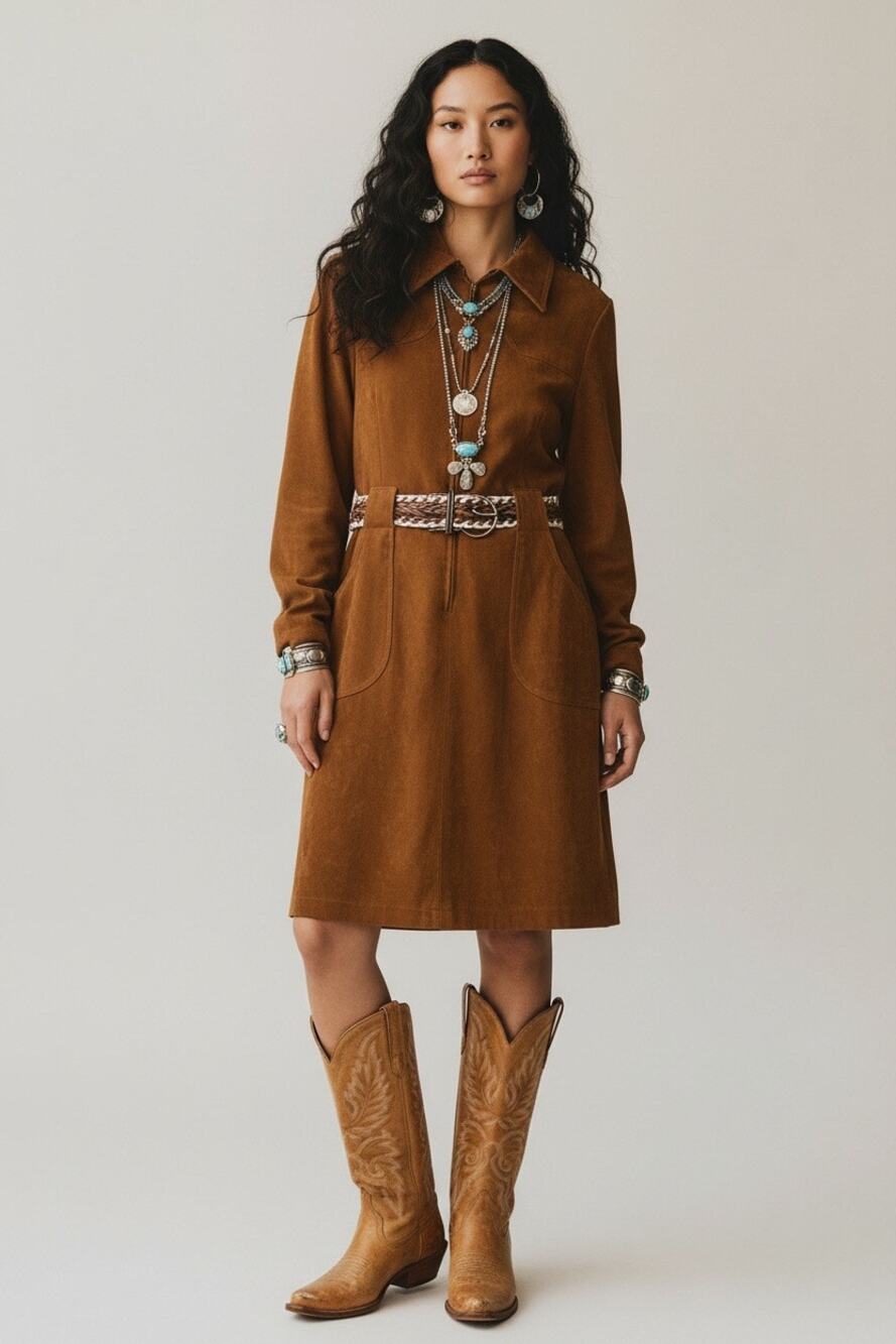 Vintage Amanda Smith Faux Suede Shirt Dress With Boho Braided Belt Tan Size 10